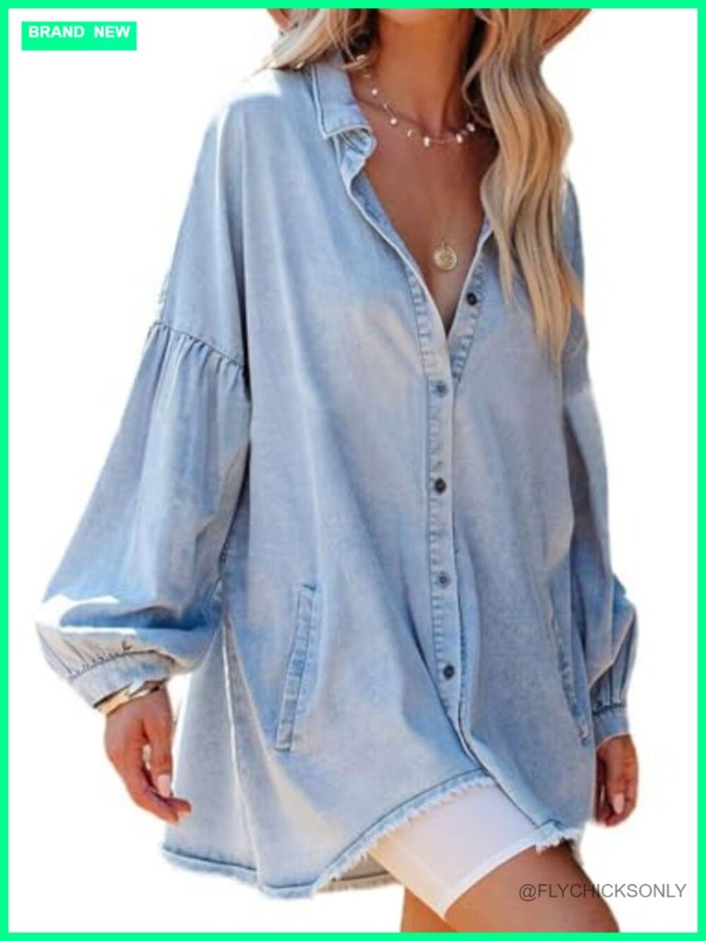 Oversized Distressed Denim Button Down Shirt Tunic Mini Dress with Pockets